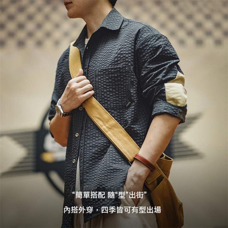 美式復古泡泡紗格子長袖襯衫肌理感翻領拼接襯衣外套男秋-Retro's Wear