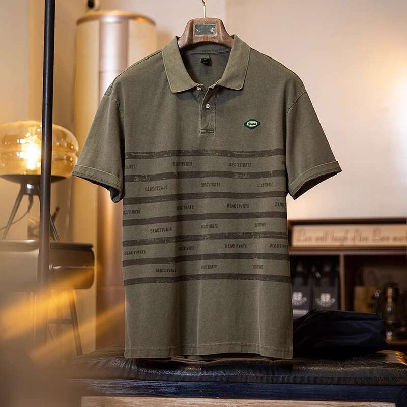 美式條紋印花polo衫男短袖t恤夏季2025新款純棉復古水洗半袖男