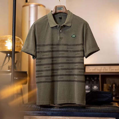 美式條紋印花polo衫男短袖t恤夏季2025新款純棉復古水洗半袖男