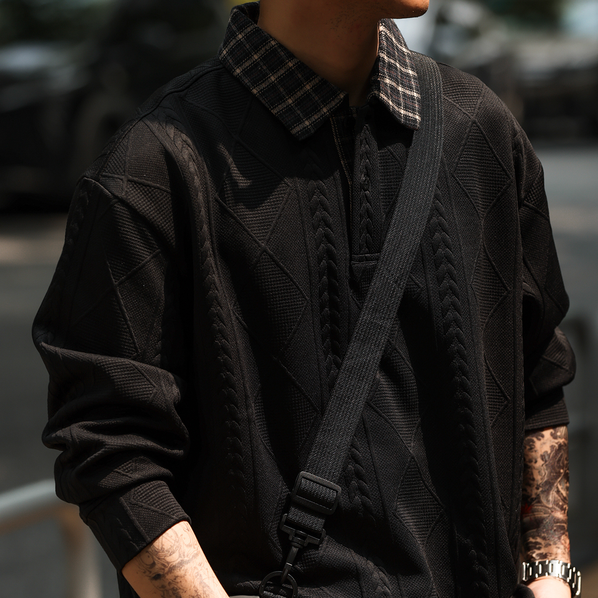 美式休閒針織提花肌理感衛衣男撞色格子翻領長袖POLO衫