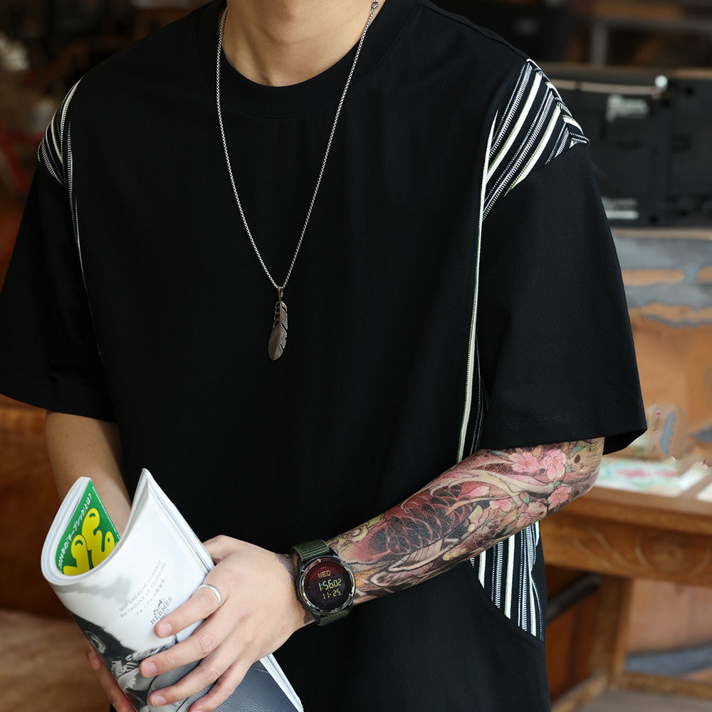 美式休閒提花條紋拼接短袖T恤男寬鬆200g凉感圓領打底衫