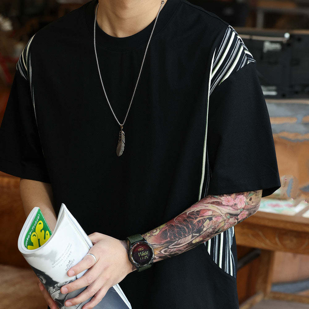 美式休閒提花條紋拼接短袖T恤男寬鬆200g凉感圓領打底衫