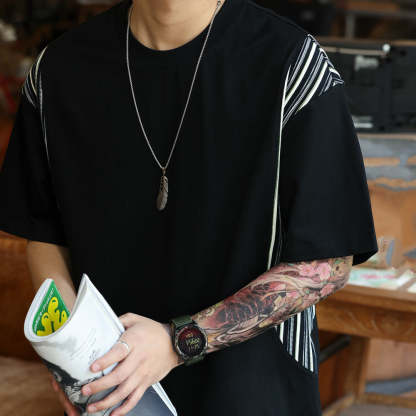 美式休閒提花條紋拼接短袖T恤男寬鬆200g凉感圓領打底衫