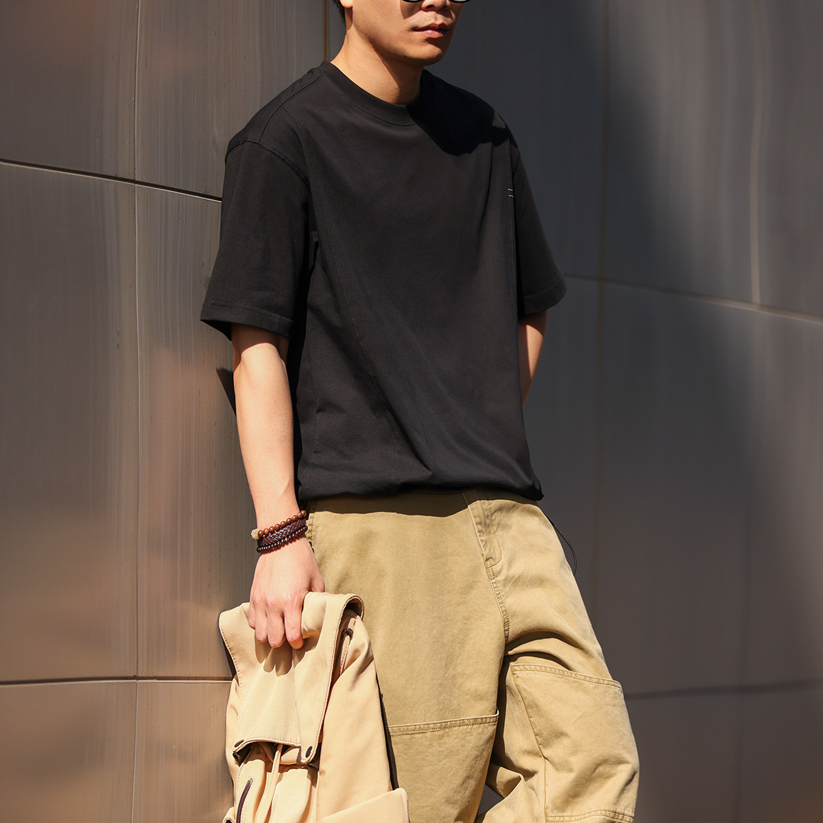 美式戶外工裝短袖T恤男士夏季撞色拼接裁剪設計休閒TEE