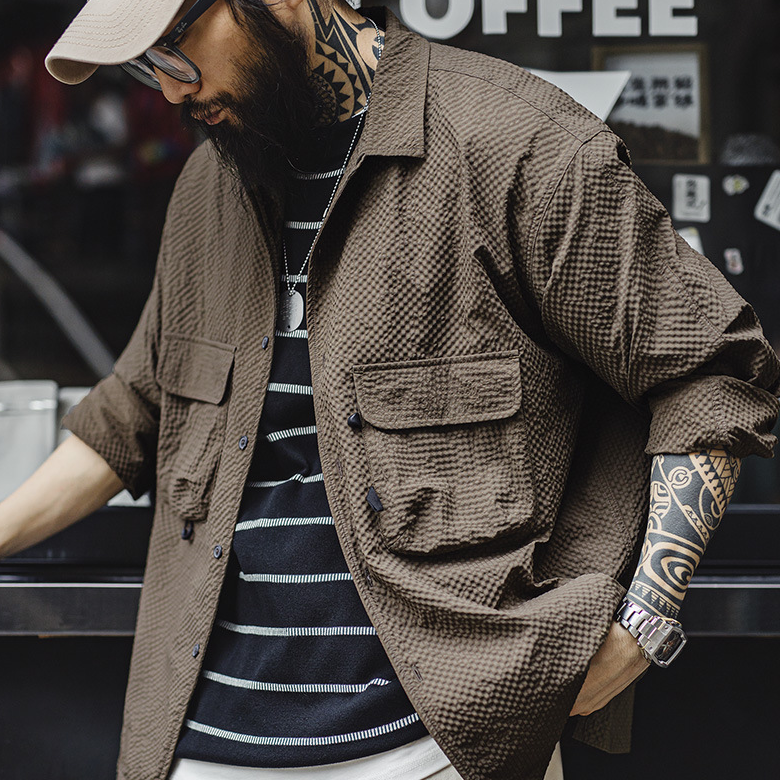 山系戶外古巴領泡泡紗長袖襯衫免燙抗皺口袋薄襯衣男夏秋-Retro's Wear