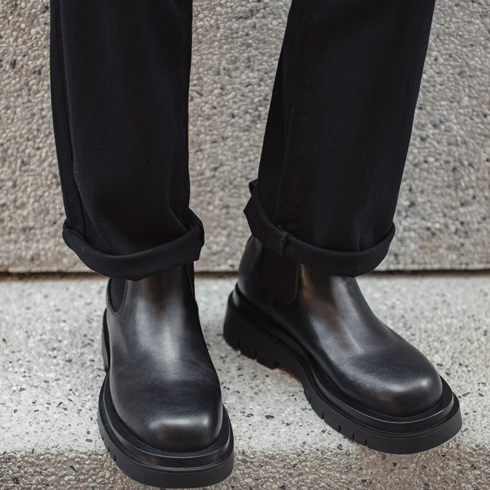 切爾西靴男款夏季一脚蹬厚底休閒黑色真皮短靴子方頭馬丁靴-Retro's Wear