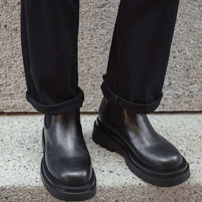 切爾西靴男款夏季一脚蹬厚底休閒黑色真皮短靴子方頭馬丁靴-Retro's Wear
