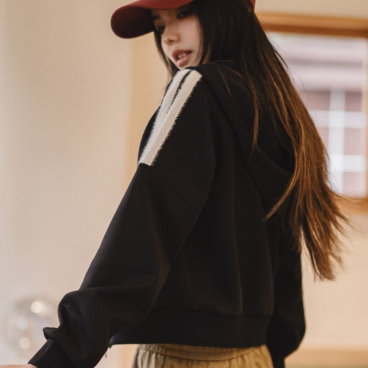 空氣層hoodie開衫外套條紋毛絨拼接衛衣春季運動通勤上衣女
