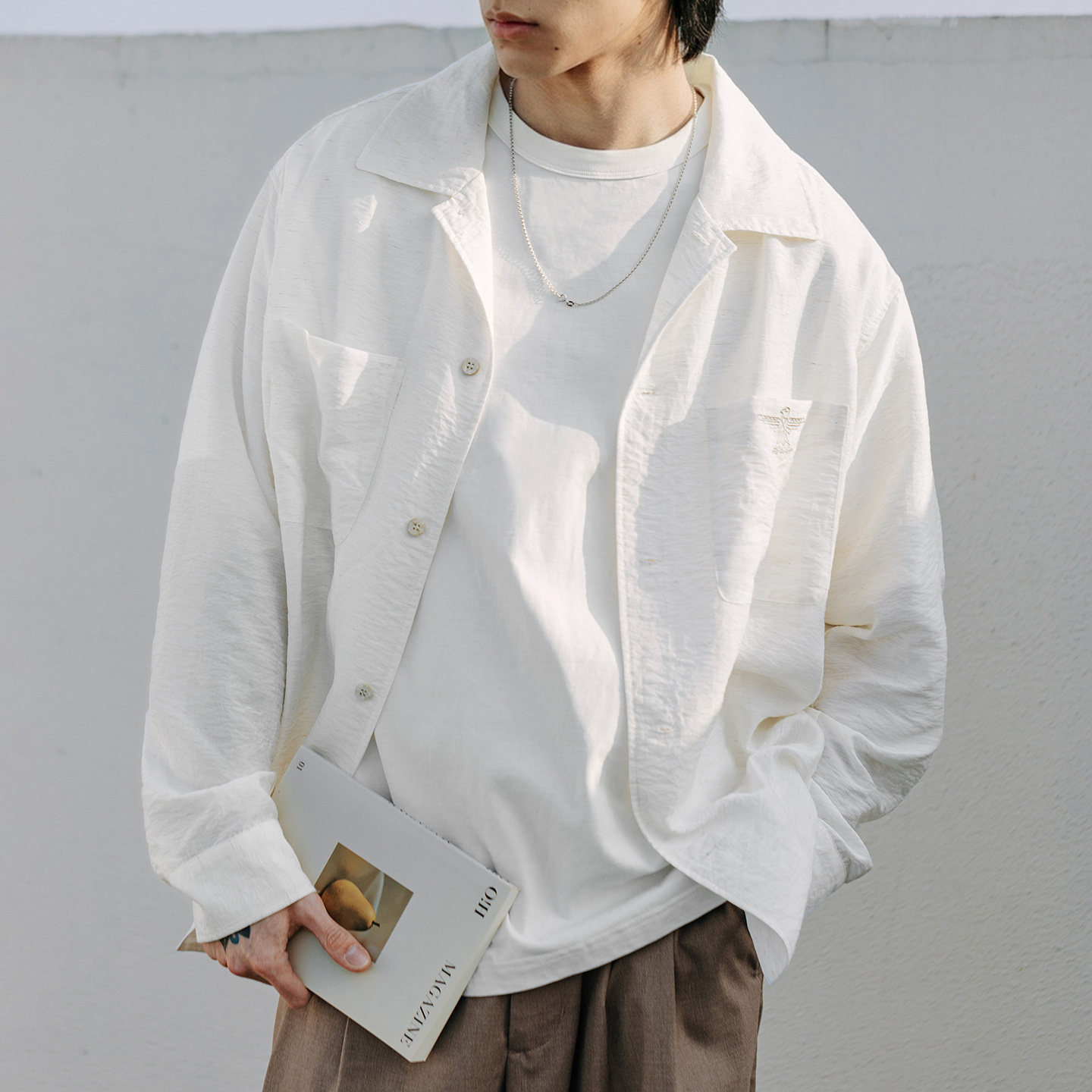 MRA 亞麻混紡古巴領長袖襯衫印第安刺繡老錢風涼感翻領白襯衣