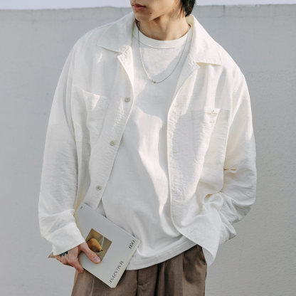 MRA 亞麻混紡古巴領長袖襯衫印第安刺繡老錢風涼感翻領白襯衣