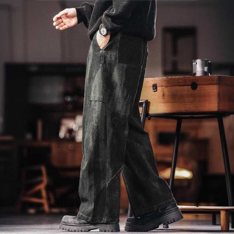 美式復古工裝休閒褲男士秋冬新款寬鬆闊腿軍綠色彎刀傘兵褲