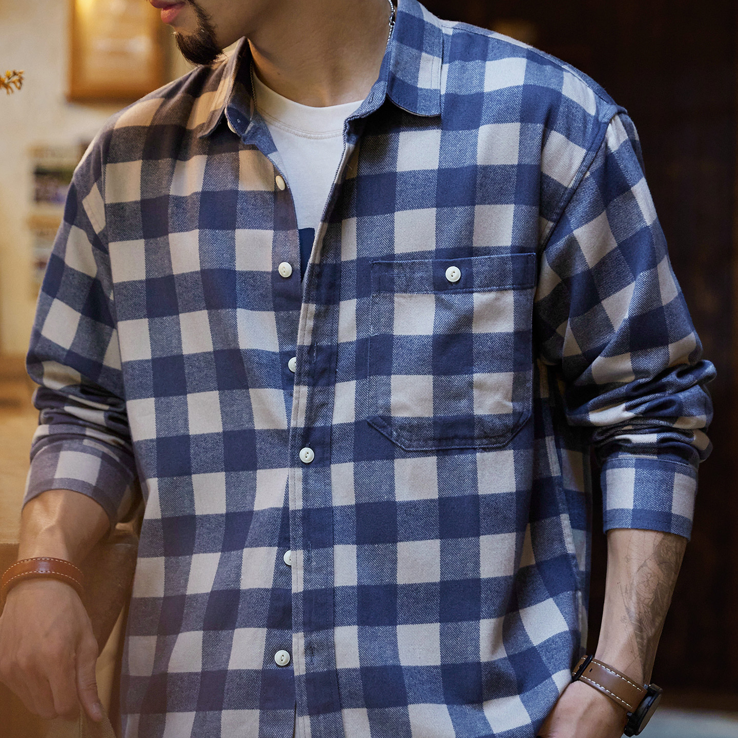 8盎司萊賽爾藍色格子襯衫男2025秋季新款美式鬆弛感長袖襯衣外套