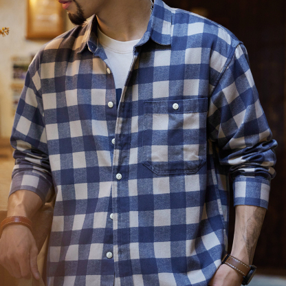 8盎司萊賽爾藍色格子襯衫男2025秋季新款美式鬆弛感長袖襯衣外套