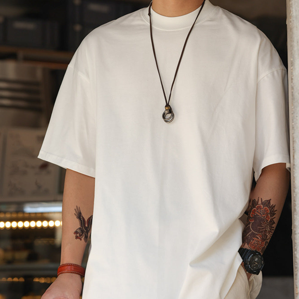 美式230g輕絨感小領口短袖T恤男寬鬆休閒抗皺大碼體恤夏