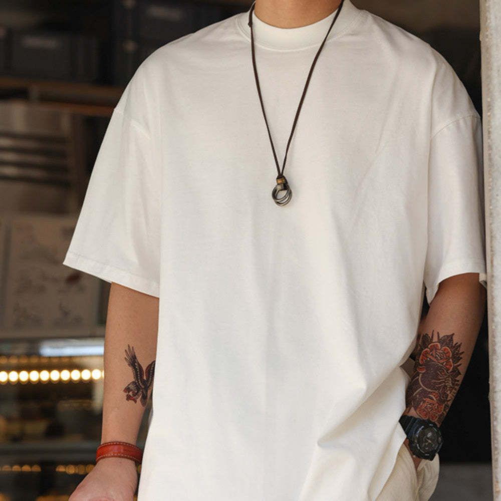 美式230g輕絨感小領口短袖T恤男寬鬆休閒抗皺大碼體恤夏