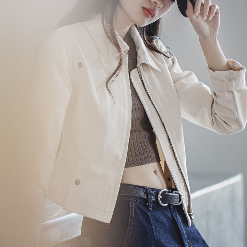 巴恩風白色收腰夾克小個子老錢風工裝外套Vintage上衣春秋女