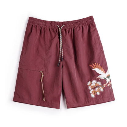 美式橫須賀刺繡短褲寬鬆紅色塔絲隆沙灘薄款五分褲男夏季