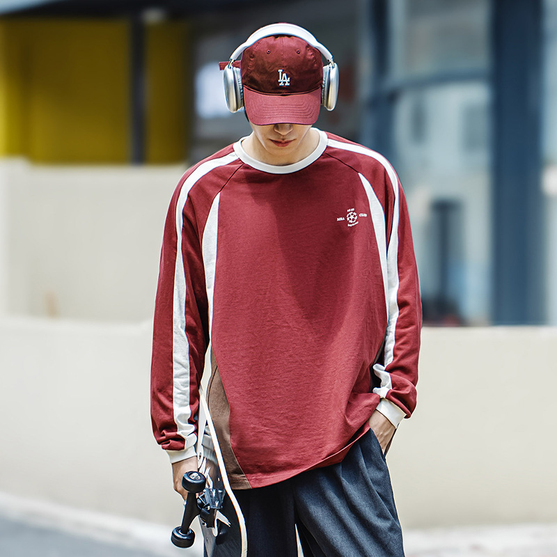 MRA復古阿森納球衣酒紅色純棉長袖T恤插肩運動印花打底衫男秋