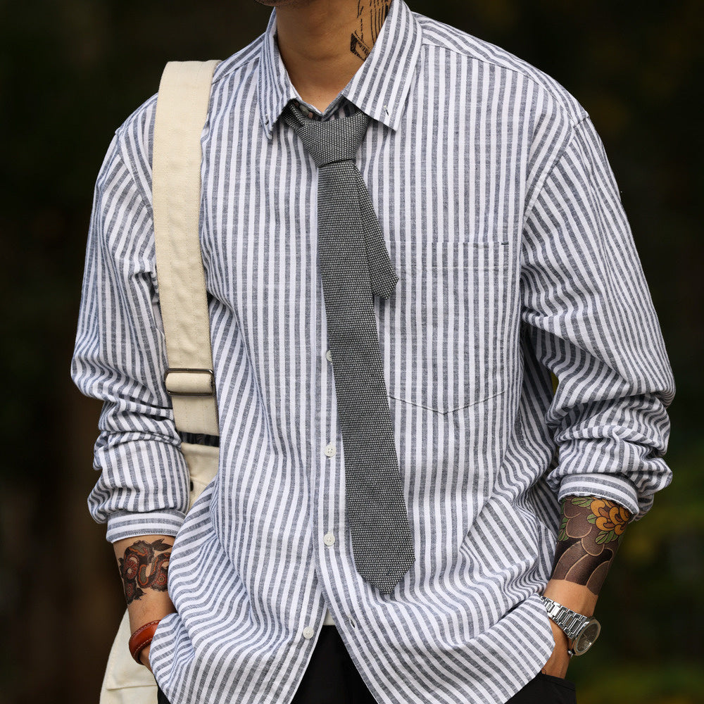 日系廊型長袖豎條紋襯衫160g輕量感疊穿慵懶風復古襯衣