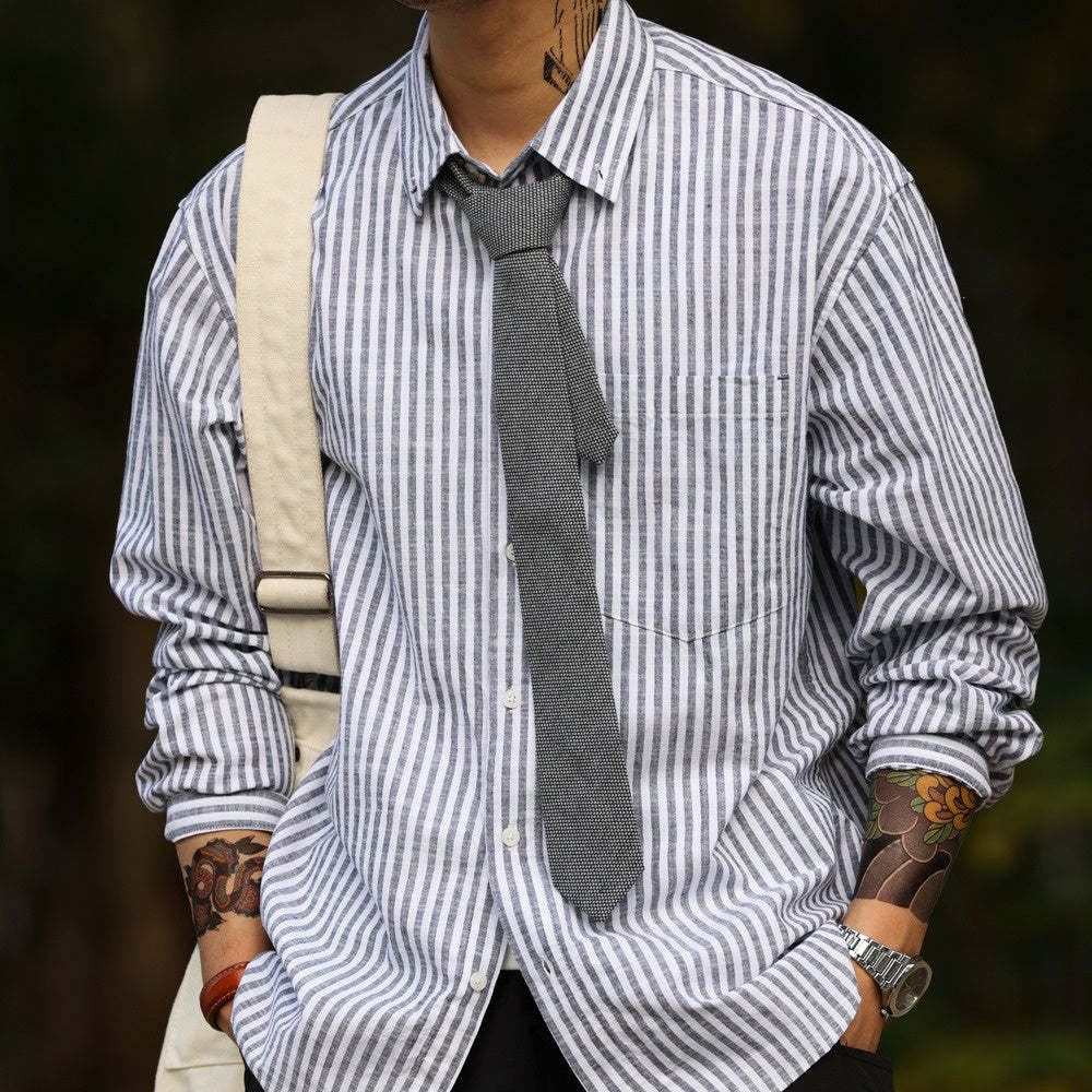 日系廊型長袖豎條紋襯衫160g輕量感疊穿慵懶風復古襯衣