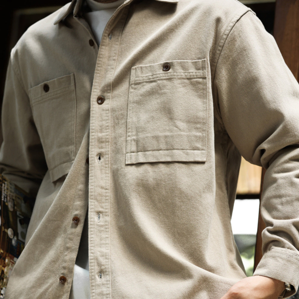 美德拉復古色系長袖襯衫男水洗純棉疊穿外搭日系襯衣外套秋-Retro's Wear