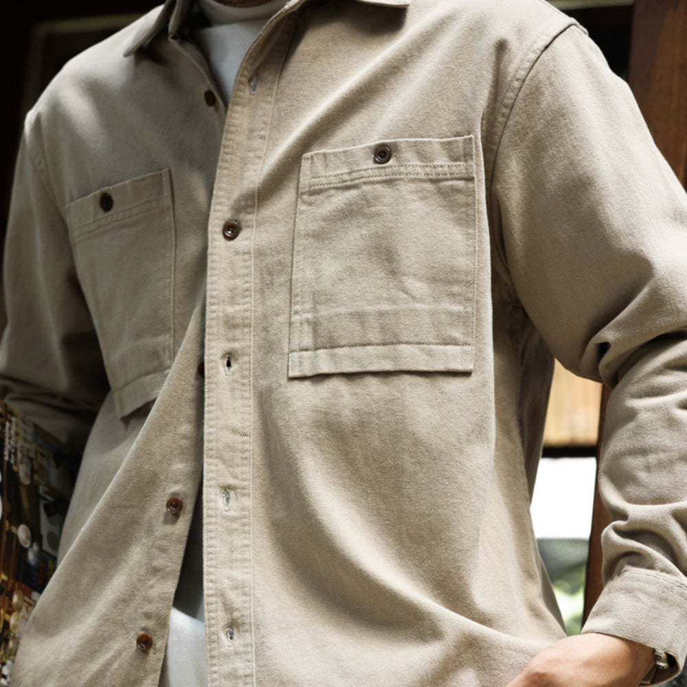 美德拉復古色系長袖襯衫男水洗純棉疊穿外搭日系襯衣外套秋-Retro's Wear