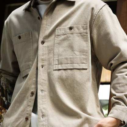 美德拉復古色系長袖襯衫男水洗純棉疊穿外搭日系襯衣外套秋-Retro's Wear
