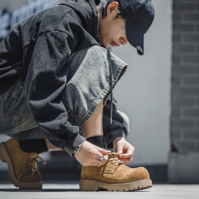 棕色德比鞋男款2025新款秋季低幫大黃靴厚底增高大頭工裝皮鞋