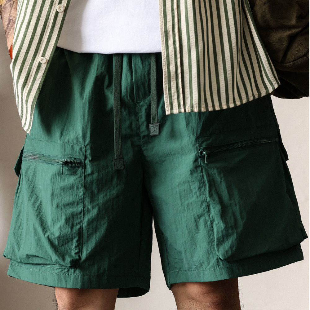 夏季日系速幹工裝短褲男寬鬆大碼抽繩大口袋跑步運動五分褲-Retro's Wear