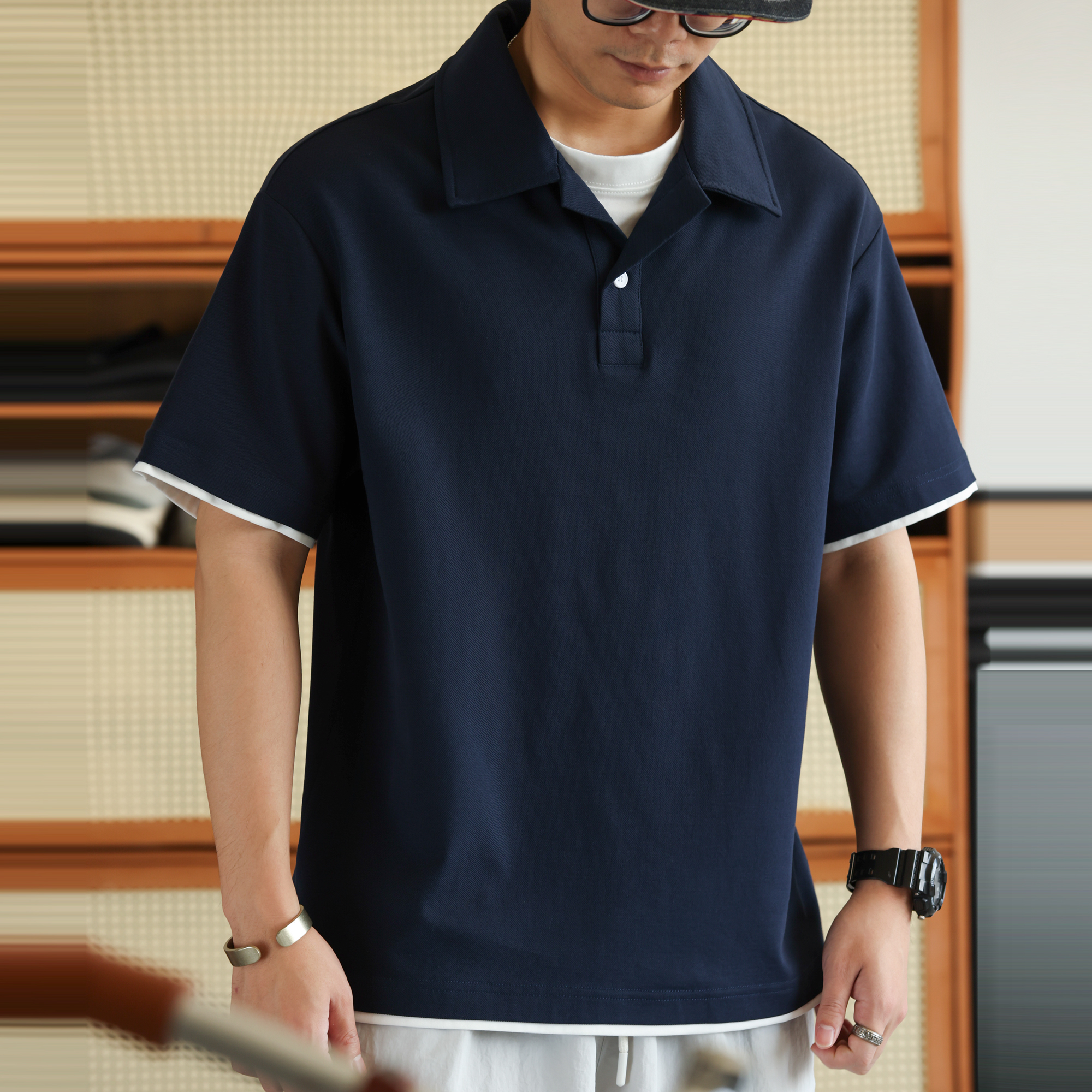 美式珠地假兩件古巴領POLO衫男通勤休閒薄款翻領短袖T恤