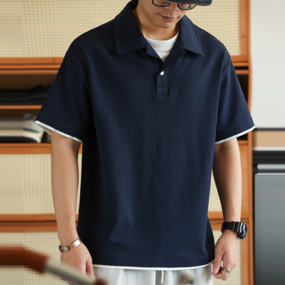 美式珠地假兩件古巴領POLO衫男通勤休閒薄款翻領短袖T恤
