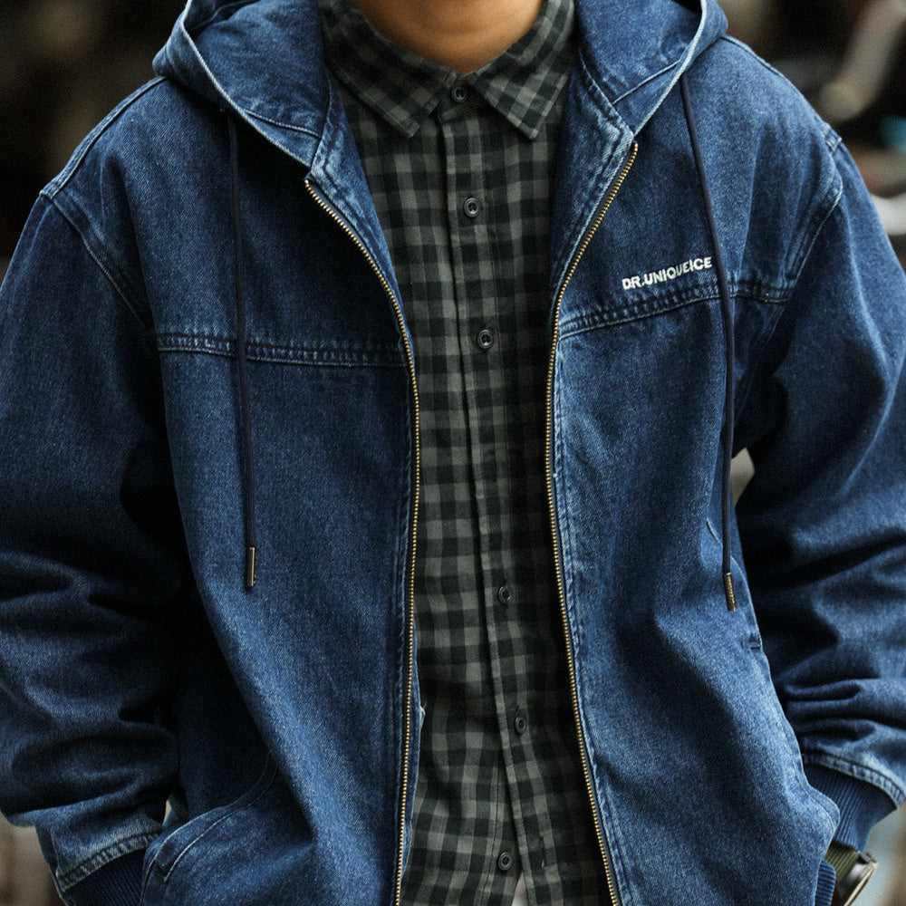美式休閒連帽牛仔外套男寬鬆丹寧水洗重磅拉鍊工裝夾克