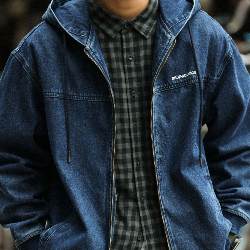美式休閒連帽牛仔外套男寬鬆丹寧水洗重磅拉鍊工裝夾克