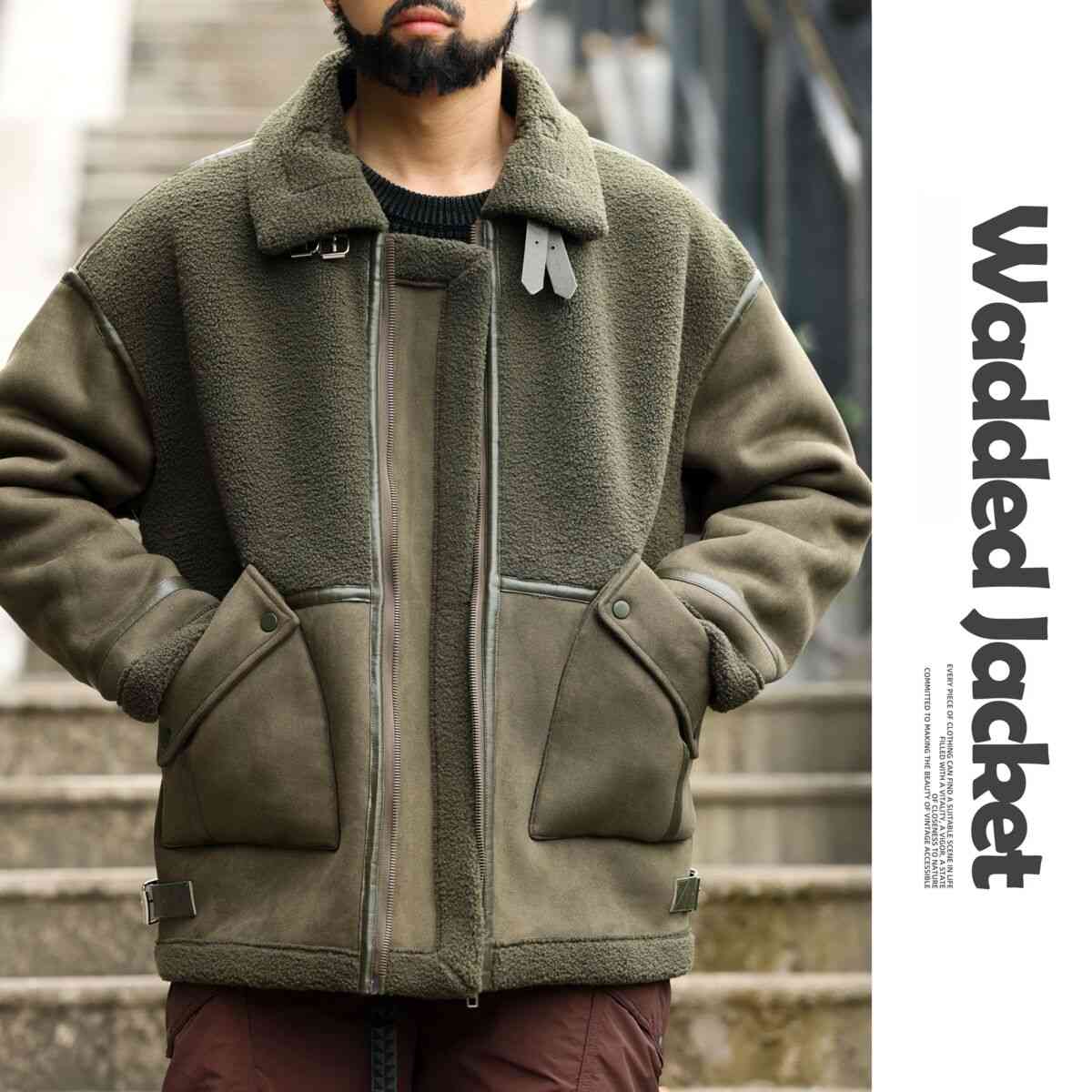 美式皮毛一體羊羔絨毛領外套男加厚保暖麂皮絨拼接夾克