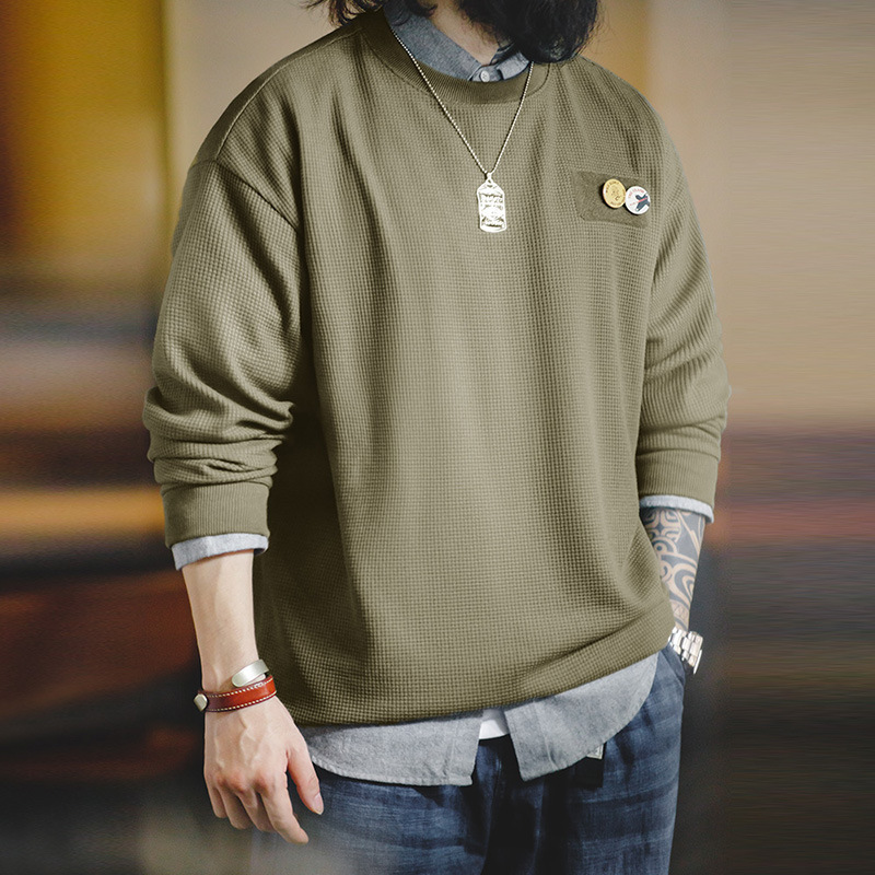 马登工装 美式休闲华夫格长袖T圆领魔术贴叠穿卫衣男秋-Retro's Wear