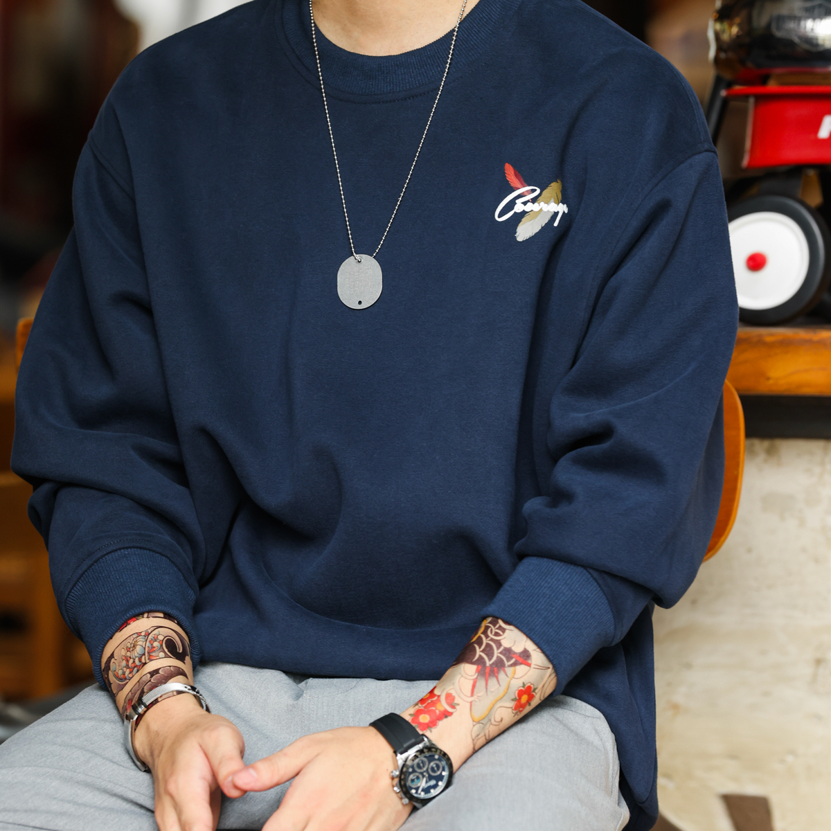 日系復古印花圓領衛衣男寬鬆420G重磅秋冬套頭疊穿上衣