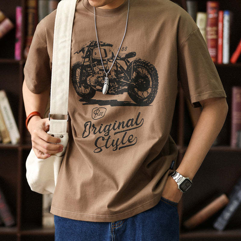 美式休閒機車印花短袖T恤男寬鬆圓領阿美哢嘰硬漢純棉TEE夏-Retro's Wear