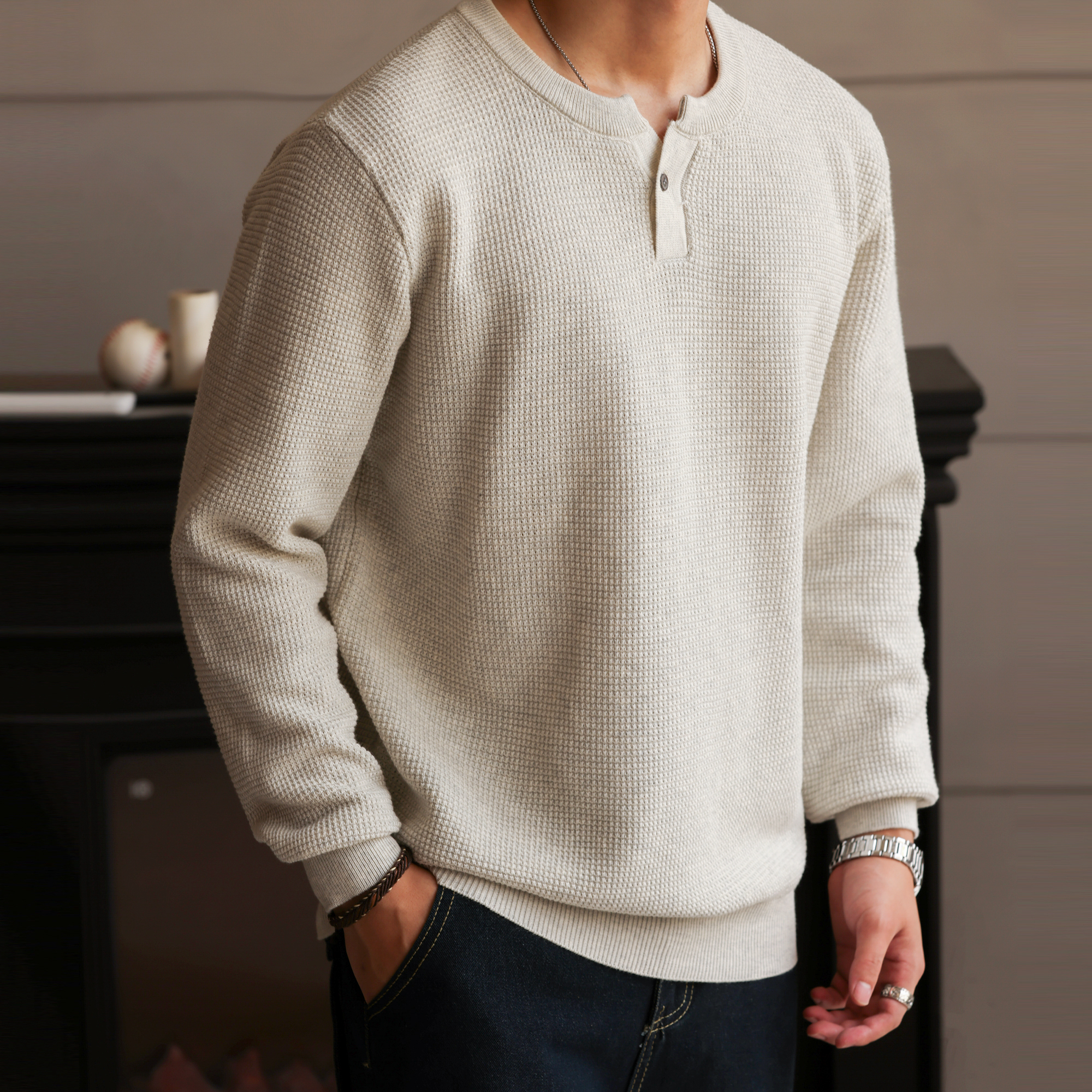 美式新貴亨利領長袖針織衫男細針花紗復古休閒內搭T恤秋