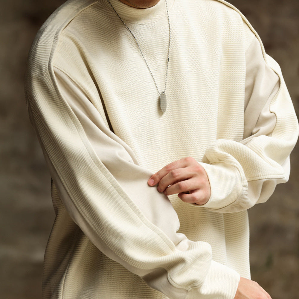 秋季美式休閒提花方格設計感圓領衛衣男拼接袖子疊穿套頭上衣-Retro's Wear