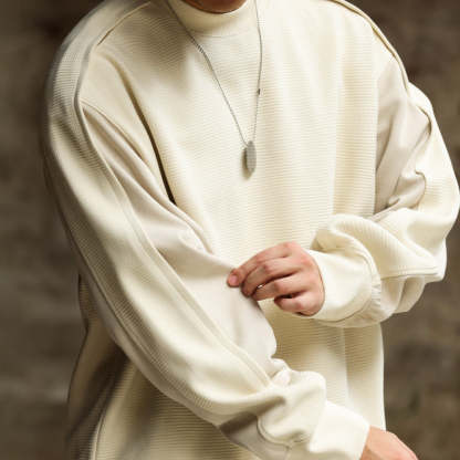 秋季美式休閒提花方格設計感圓領衛衣男拼接袖子疊穿套頭上衣-Retro's Wear