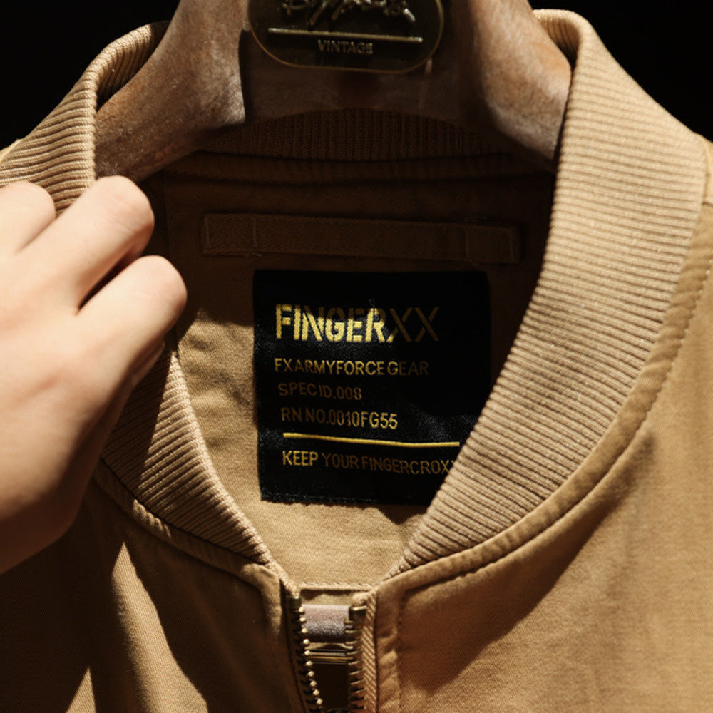 美式復古MA-1飛行夾克男寬鬆工裝大碼卡其色棒球領哈靈頓外套-Retro's Wear