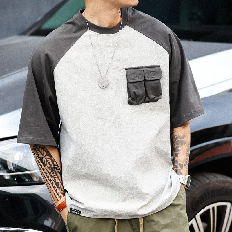 美式復古運動短袖T恤男寬鬆cityboy風格戶外休閒拼接口袋TEE-Retro's Wear