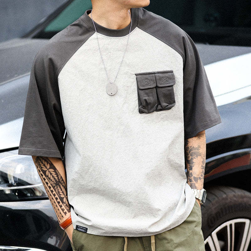 美式復古運動短袖T恤男寬鬆cityboy風格戶外休閒拼接口袋TEE-Retro's Wear