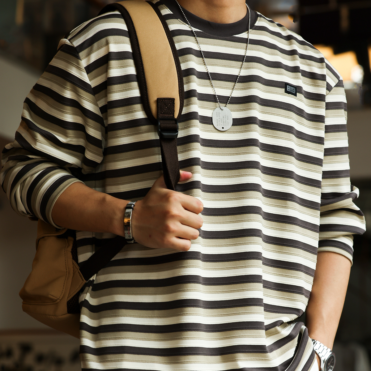 美式復古凹凸立體肌理長袖T恤男280g撞色條紋針織TEE秋