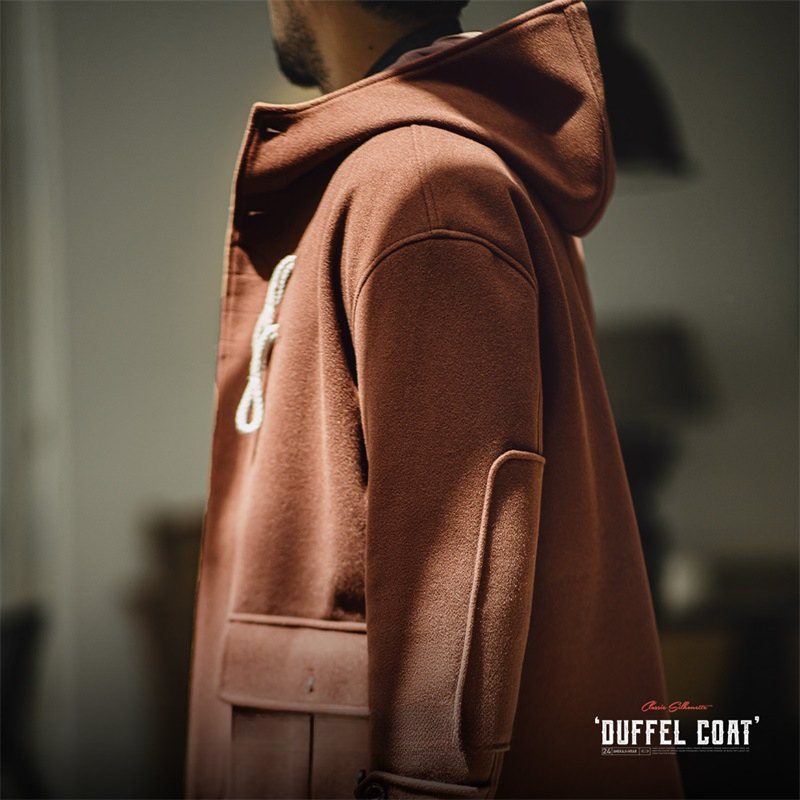 美式復古牛角扣連帽毛呢大衣學院風寬鬆長款外套男女秋冬-Retro's Wear