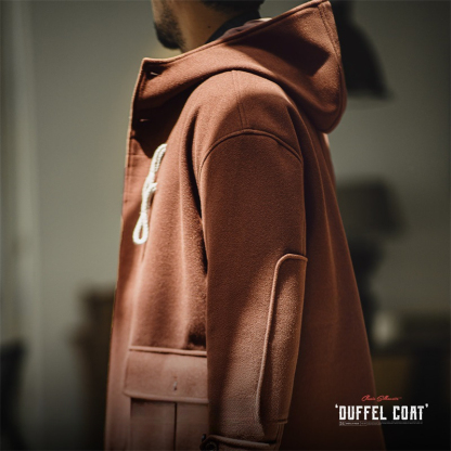 美式復古牛角扣連帽毛呢大衣學院風寬鬆長款外套男女秋冬-Retro's Wear