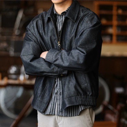 老錢風原牛翻領夾克男士寬鬆復古休閒雙拉鍊牛仔外套秋