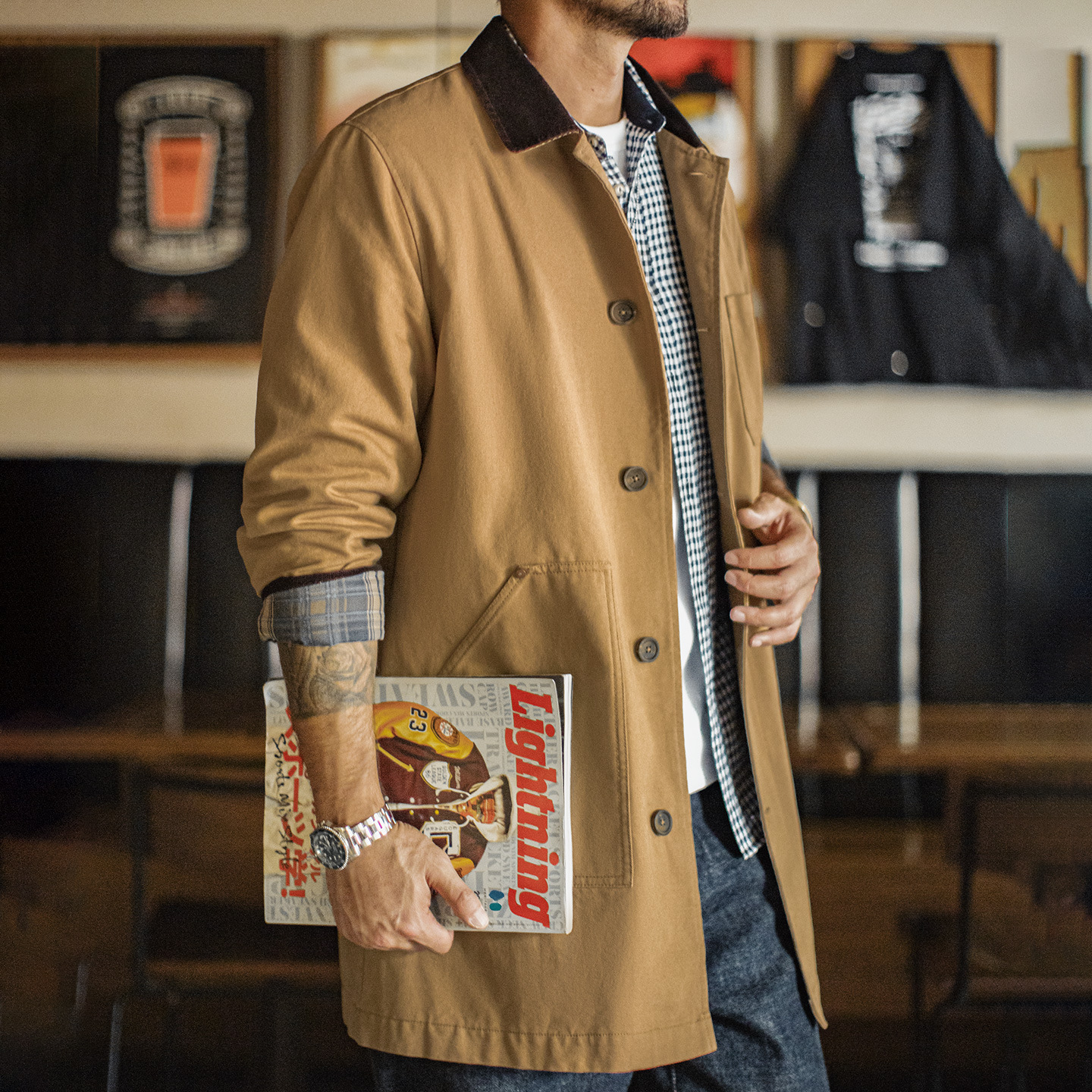 美式復古密歇根風衣卡其色巴恩風中長款廓形夾克外套男秋