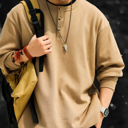 美式休閒320g重磅長袖亨利衫男寬鬆復古硬漢套頭打底衛衣TEE-Retro's Wear