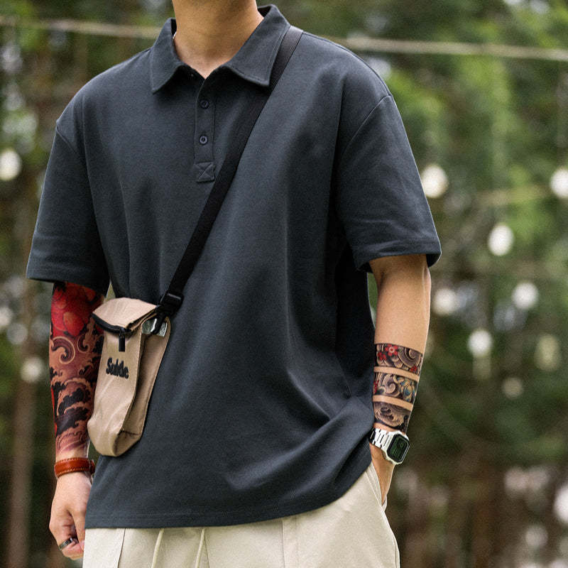 美式休閒肌理感短袖POLO衫男士寬鬆翻領重磅260G高級感T恤夏-Retro's Wear